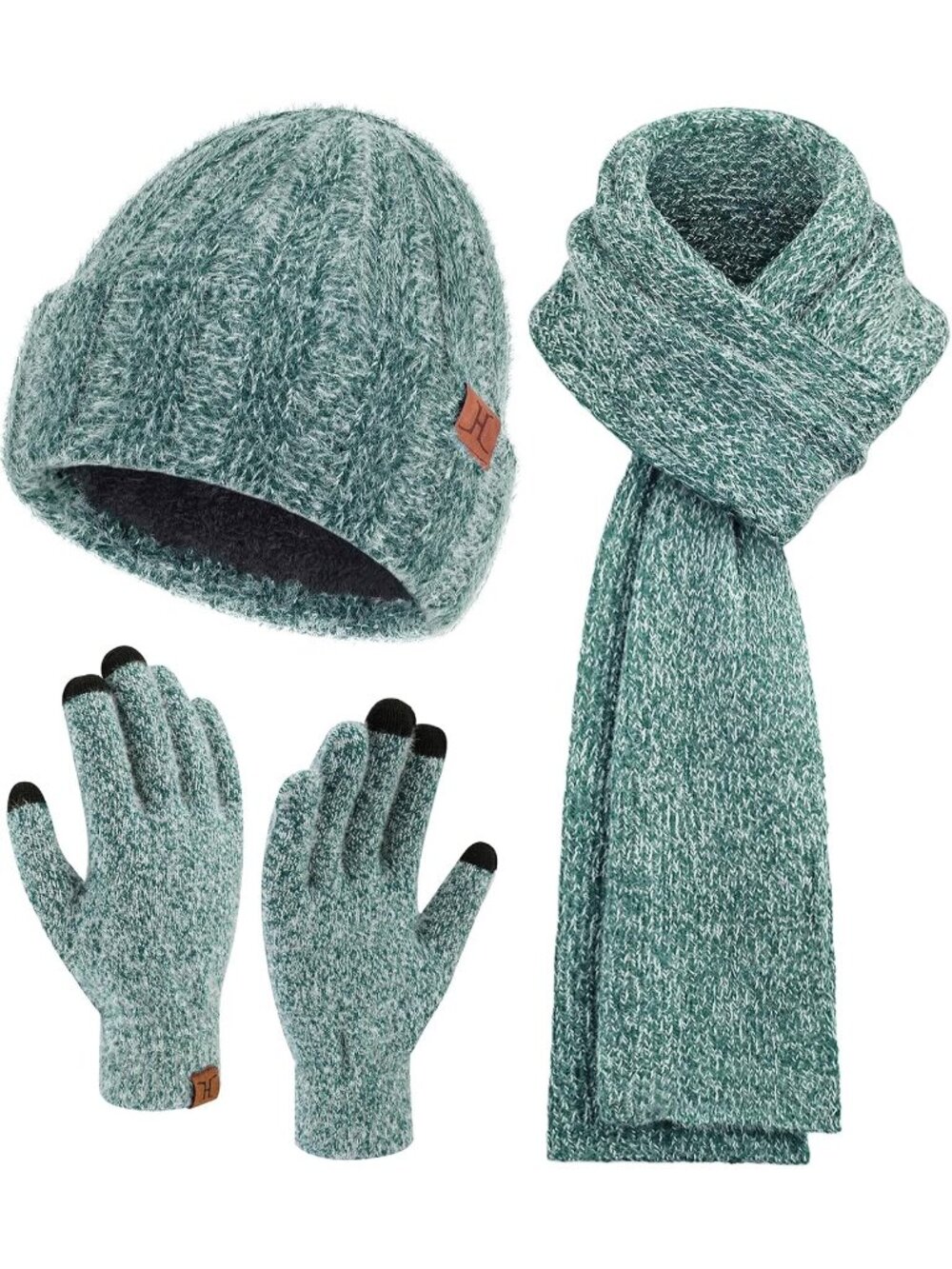 Women's Dark Green Winter Beanie Hat and Scarf Warm Touchscreen Thick Gloves